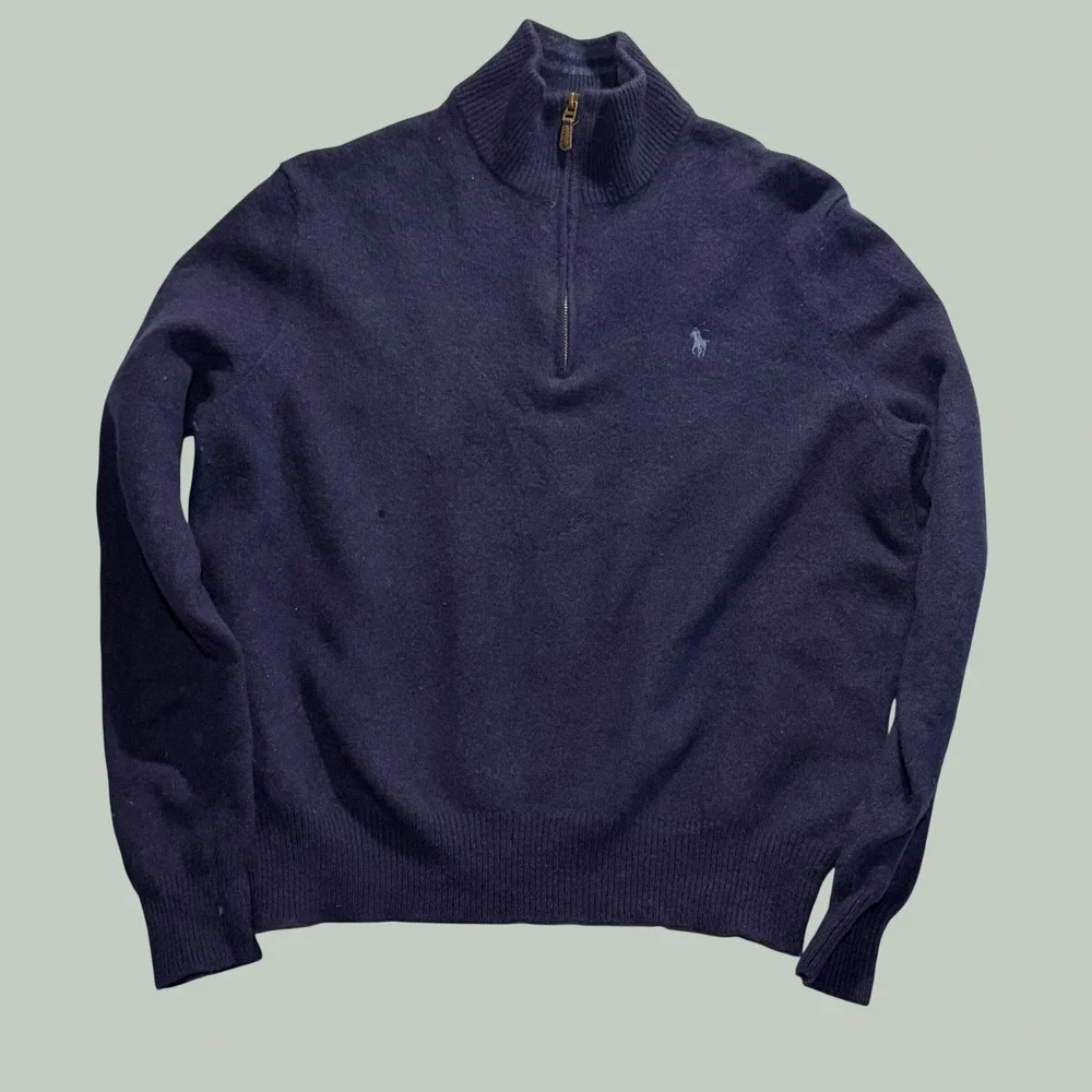 Polo Ralph Lauren Navy Blue Quarter Zip Italian Yarn Sweater Mens Medium Y2K